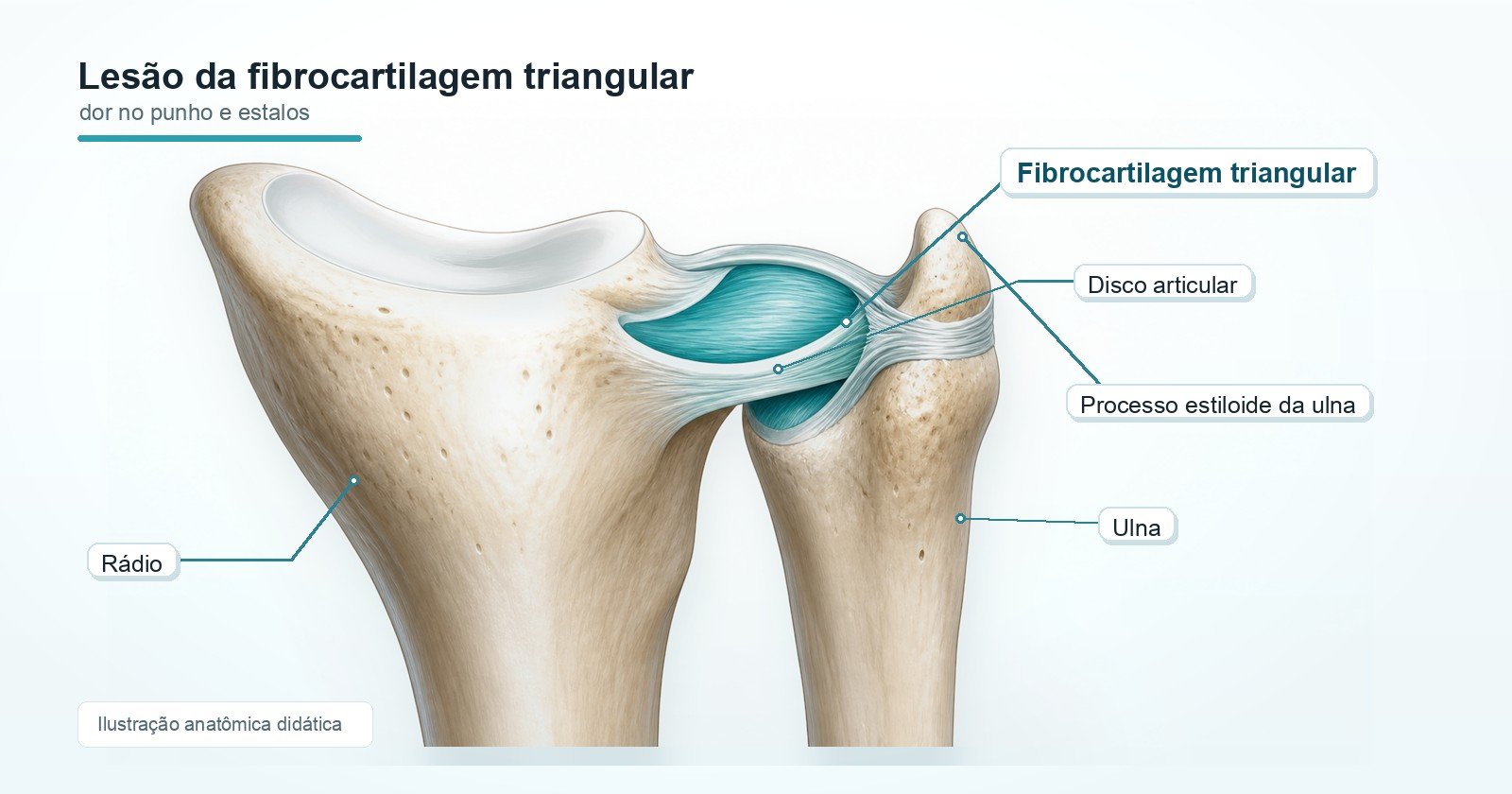 Ilustração anatômica da fibrocartilagem triangular do punho, com rádio, ulna, disco articular e processo estiloide da ulna identificados.