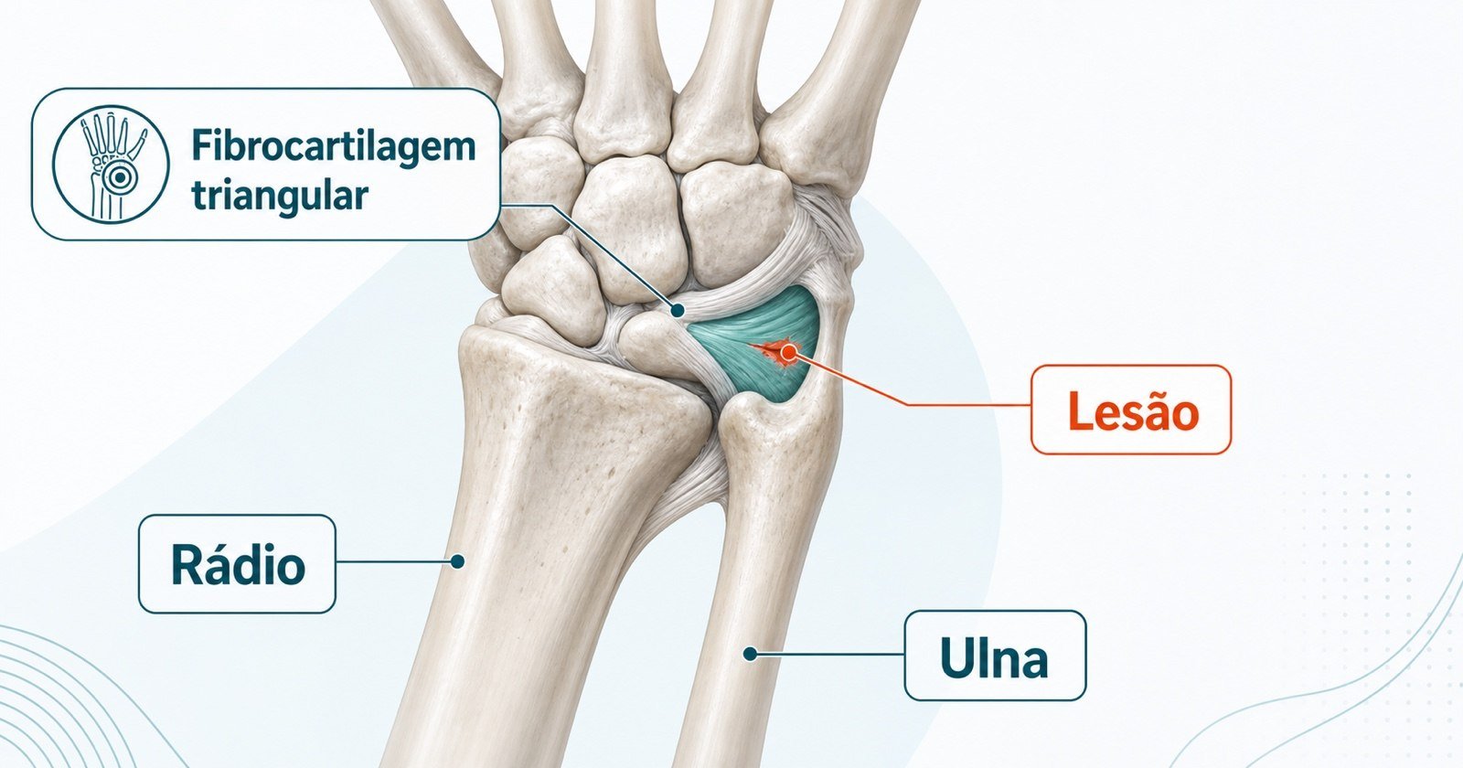Ilustração médica do punho mostrando a fibrocartilagem triangular, o rádio, a ulna e a área de lesão.