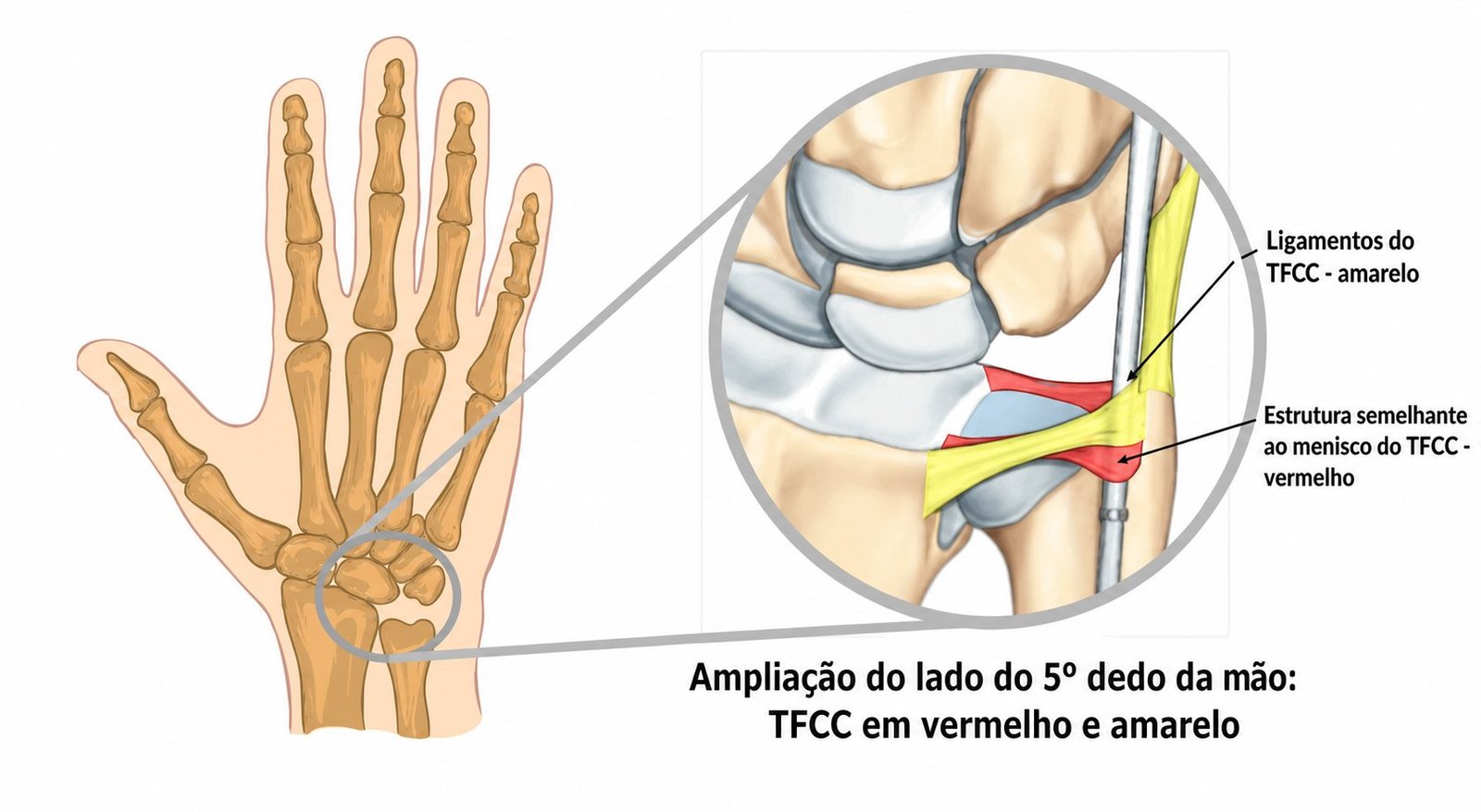 Lesão da fibrocartilagem triangular: dor no punho e estalos 1 Lesão da fibrocartilagem triangular em ilustração anatômica do TFCC no punho