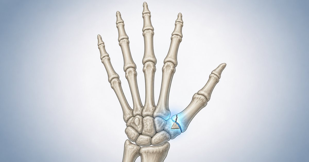 Ilustração anatômica de fratura de Bennett na base do polegar