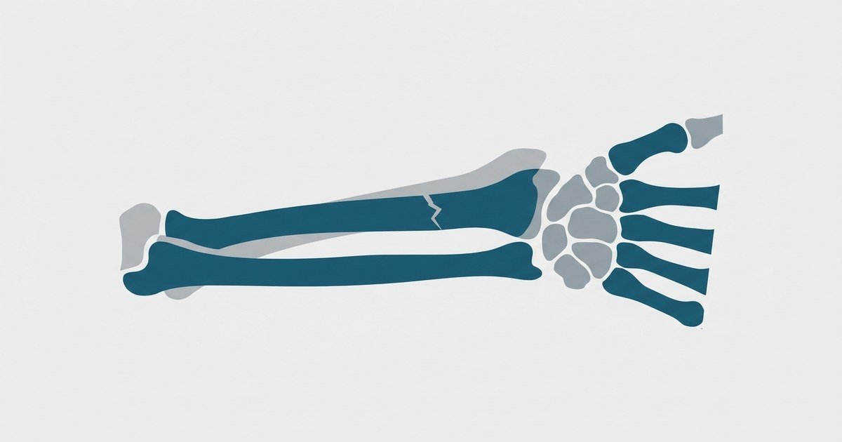 Fratura de Colles: 7 sinais após queda com a mão aberta 1 Fratura de Colles: ilustração médica das ossos do punho e do rádio distal com linha de fratura após queda com a mão aberta