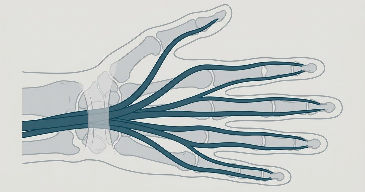 Lesão do tendão flexor: 7 sinais na mão 1 Lesão do tendão flexor: ilustração médica dos tendões flexores da palma da mão em vista palmar, com destaque para o trajeto dos tendões flexor profundo e superficial até os dedos