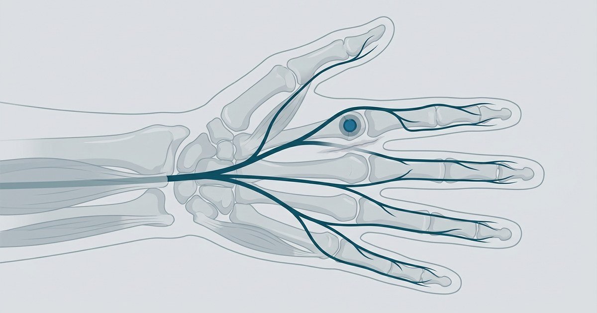 Neuroma na mão: 6 sinais de dor no nervo 1 Neuroma na mão: ilustração anatômica com destaque no nervo.