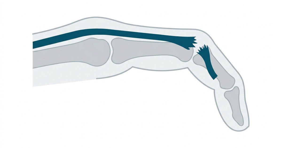 Ruptura do tendão extensor: 7 sinais na mão 1 Ruptura do tendão extensor: ilustração anatômica do dorso da mão mostrando o tendão extensor interrompido no trajeto do dedo, tom clínico clean, sem paciente real